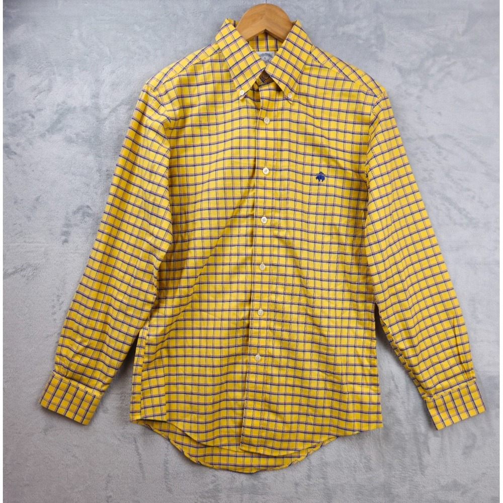 Brooks Brothers Mens Long Sleeve Shirt Small Oxford Yellow Blue Gingham Plaid